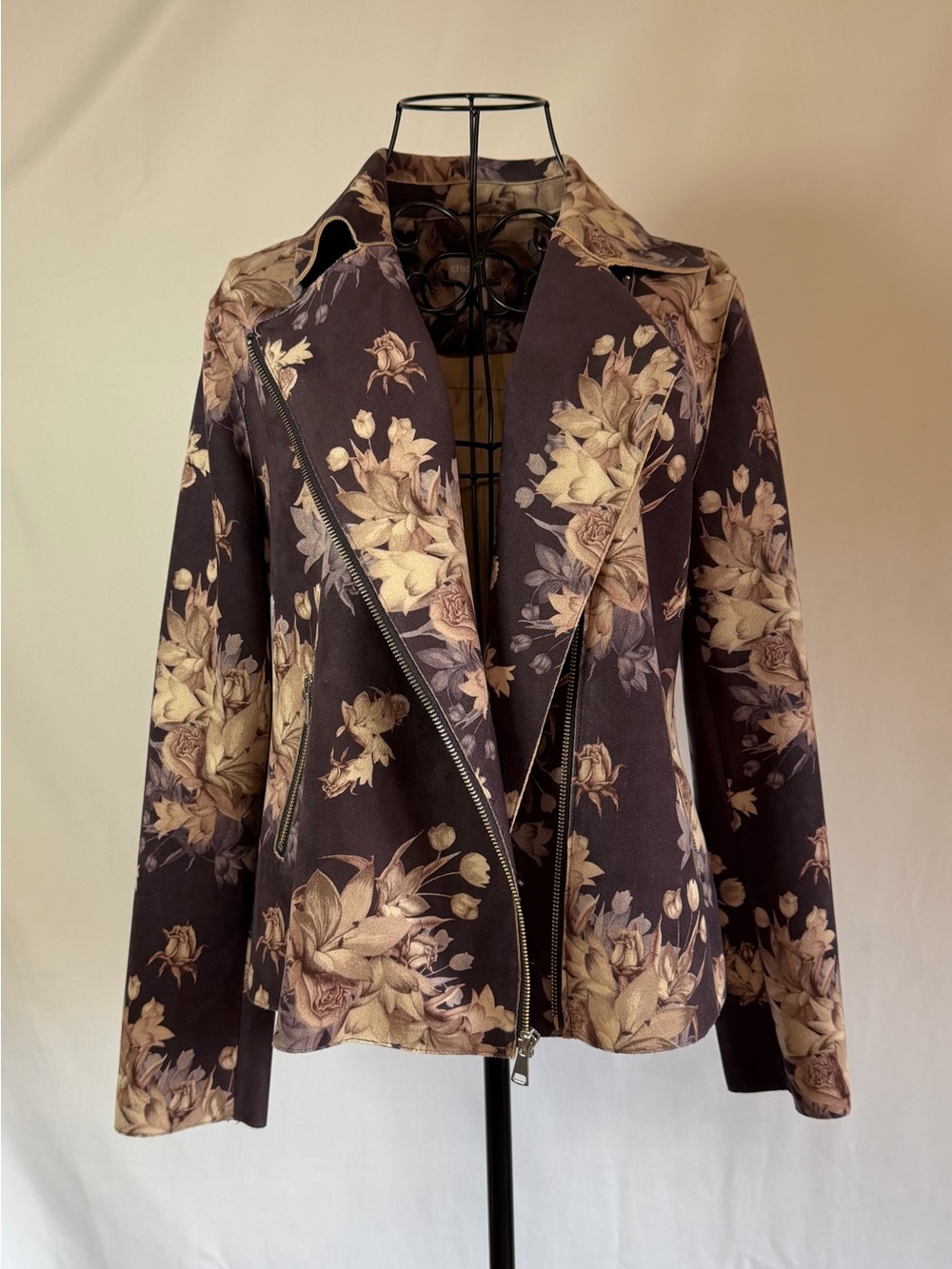 Chico's Floral Print Zip Moto Faux Suede Jacket in Brown and Cream